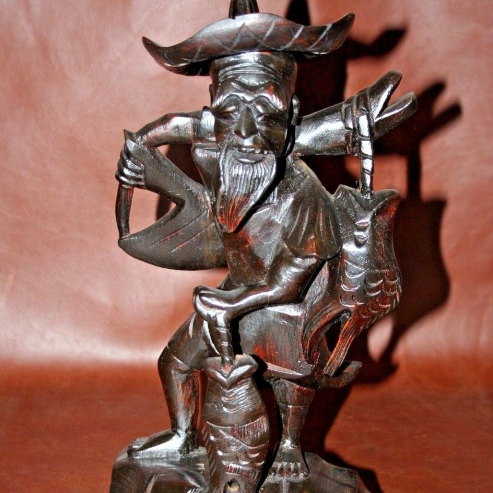 Vintage Hand Carved 13" Tall  Wooden Fisherman Sculpture Figure